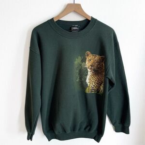 Vtg National Geographic Sweatshirt Mens Medium Green Leopard 2004 Joe Blow Retro